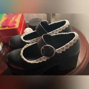 Dolls Kill Black Platform Mary Janes with White Lace Trim